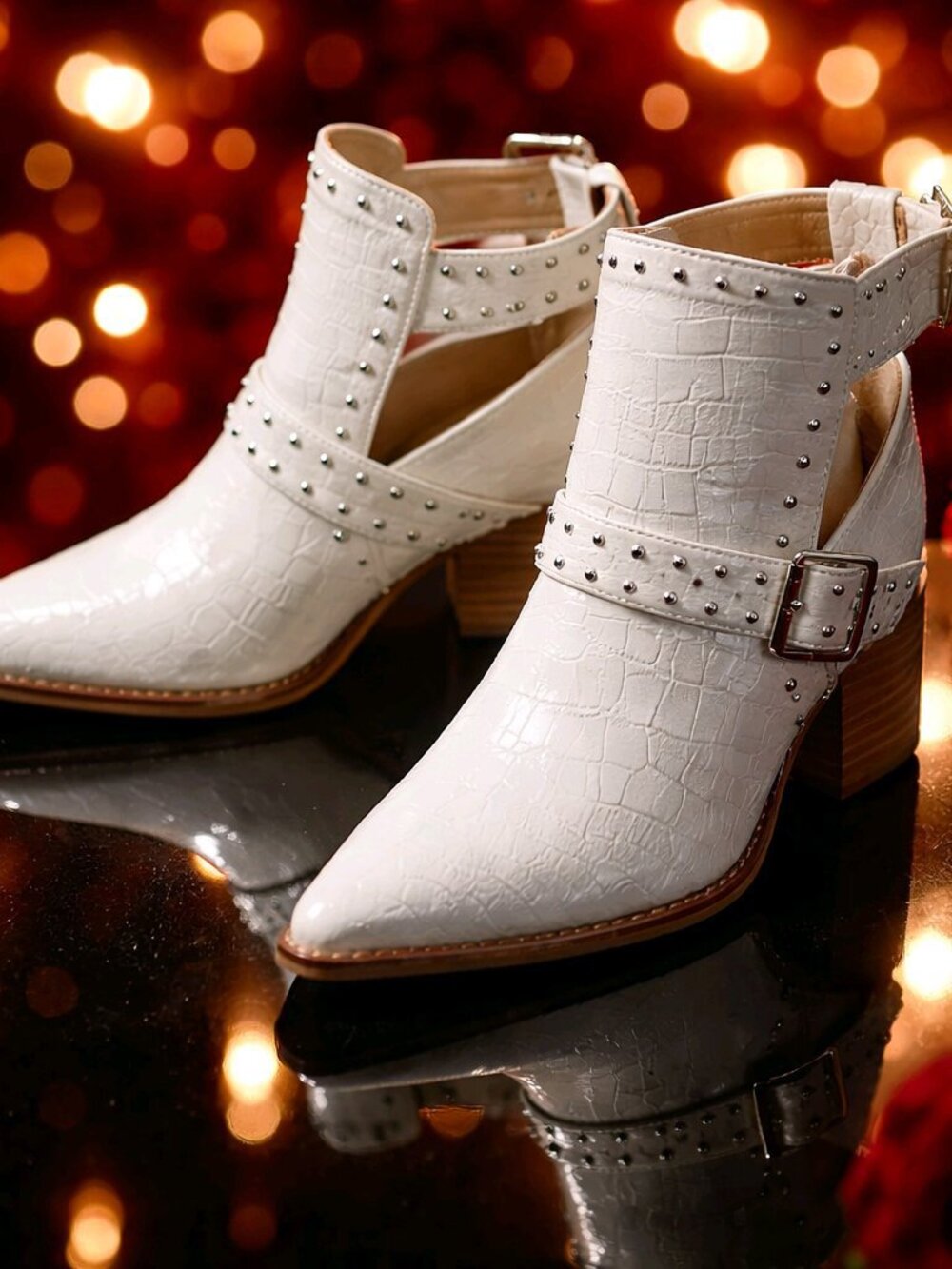 A Rider Girl White Croc-Embossed Studded Ankle Boots with Buckle